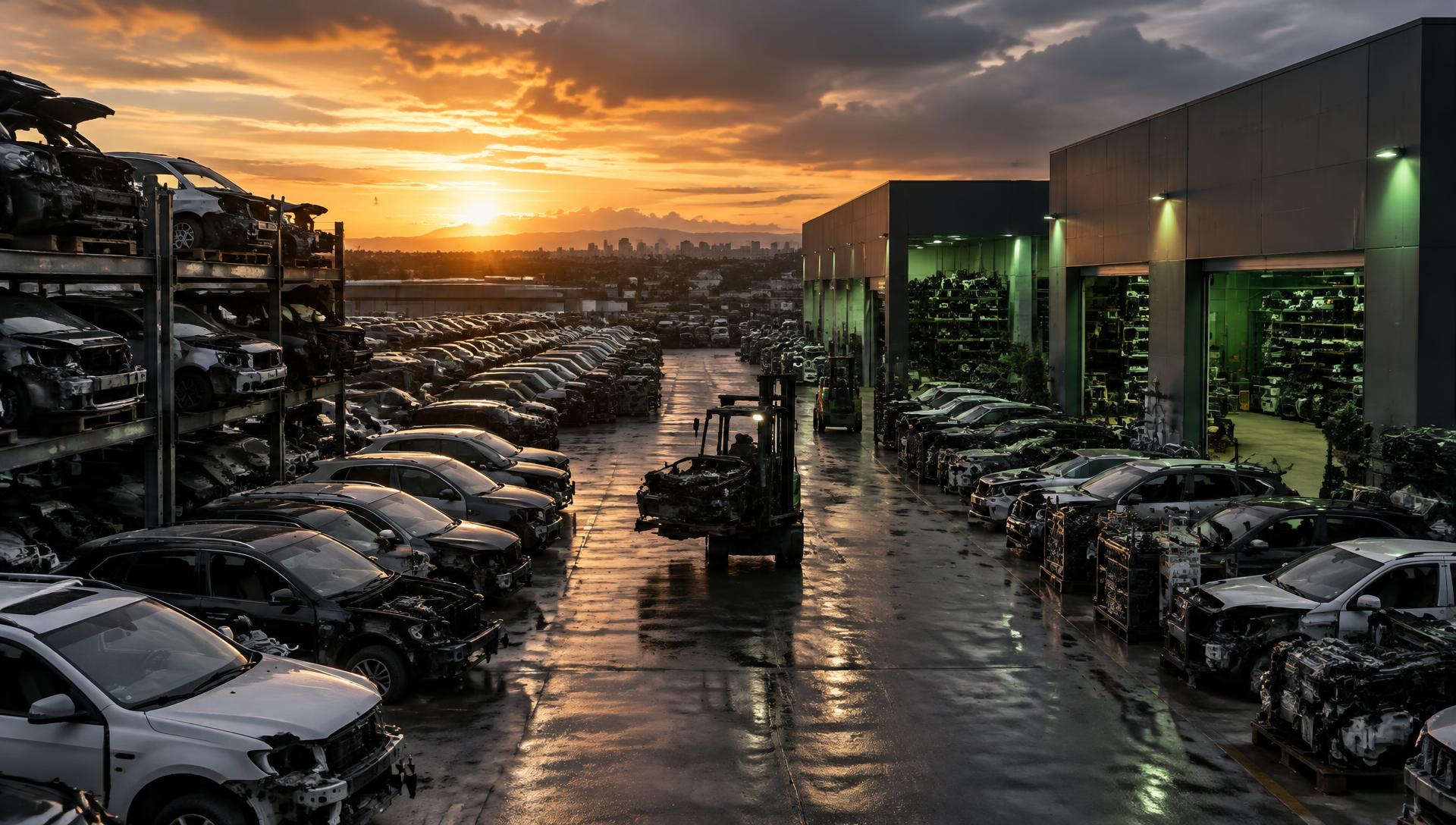 Rows of vehicles at the Kamloops Auto Recycling yard at sunset